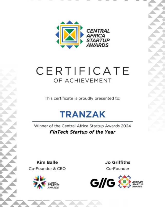Certificate of achievement - Central Africa Start-Up award